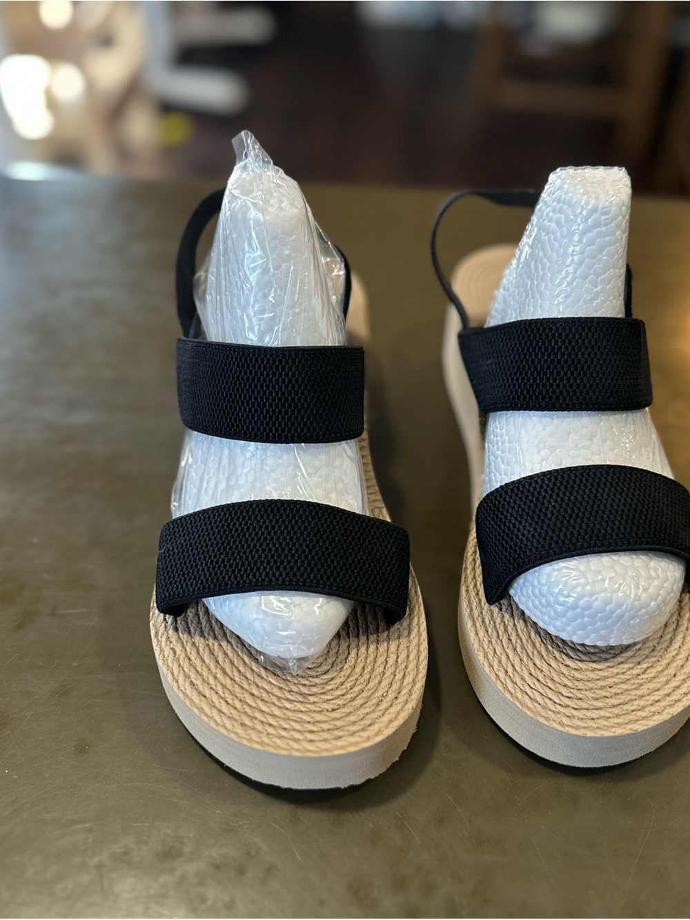 Amazon Black Elastic Strap Platform Sandals with Natural Rope Footbed
